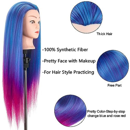 Beauty Star 29 Inches 100% Synthetic Fiber Hair Training Head Cosmetology Hairdressing Mannequin Manikin Doll Head with Table Clamp Holder & DIY Hair Braid Set - color: Blue & Purple