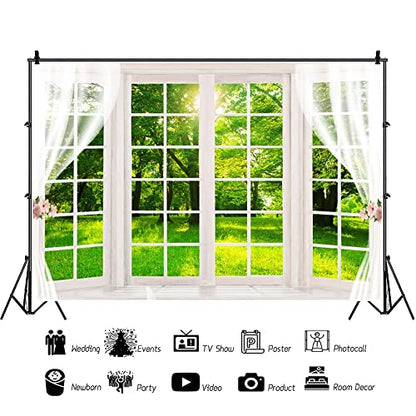 Laeacco 20x10ft Spring Window Scenery Backdrop White Windowsill Green Forest Grass Sunshine Natural Landscape Photography Background Newborn Baby Kids Family Portrait Banner Photoshoot Booth Props - size: 20x10ft