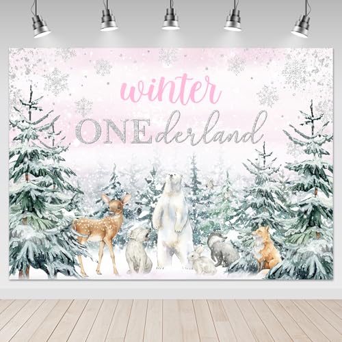 Mocsicka Winter Onederland Backdrop Pink Snowflake Girls First Birthday Photography Background Winter Woodland Animals Happy 1st Birthday Party Banner Decorations Photo Booth Props (8x6ft) - size: 8x6ft