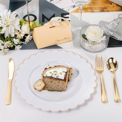 SUT 72 Pcs White Plates Disposable, White Plastic Plates With Gold Trim, 10.25 Inch Gold Dinner Plates, Fancy Plastic Plates, Plates Disposable Heavy Duty for Parties, Banquets - color: White Gold, size: 10.25 Inch