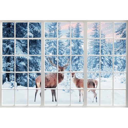 9x6ft Winter Snow Reindeer Photo Backdrop Snow Forest Window View Photography Backdrop Snow Background Photo Prop Christmas Winter Tapestry for Wall Decor - size: 9x6ft-Polyester