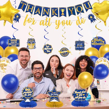 Vlipoeasn We Appreciate You Banner Decorations, Blue Gold Thank You for All You Do Backdrop Banner Honeycomb Centerpieces, Retirement Office Decor Staff Teachers Professors Doctor Nurses Appreciation - style: Bue Gold