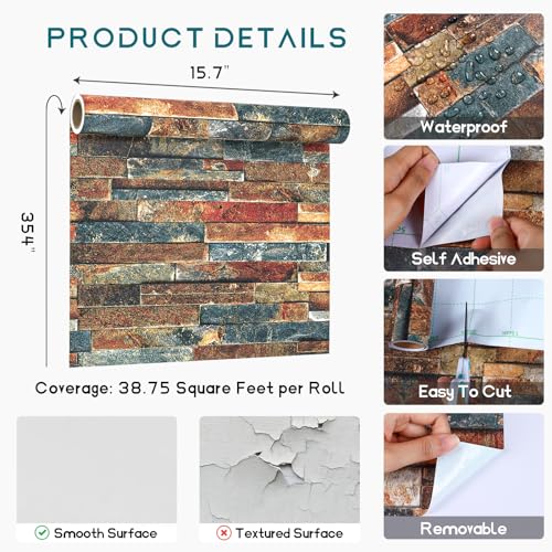 VEELIKE Retro Brick Wallpaper Peel and Stick 3D Faux Brick Wall Paper Roll for Backdrop Walls Fireplace Backsplash 15.7''x354'' Removable Self Adhesive Brick Contact Paper for Bedroom Bathroom Kitchen - size: 15.7''x354''
