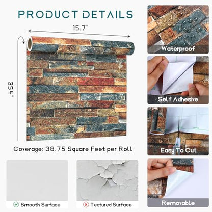VEELIKE Retro Brick Wallpaper Peel and Stick 3D Faux Brick Wall Paper Roll for Backdrop Walls Fireplace Backsplash 15.7''x354'' Removable Self Adhesive Brick Contact Paper for Bedroom Bathroom Kitchen - size: 15.7''x354''