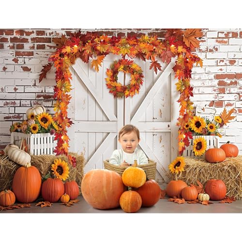 MEHOFOND 7x5ft Fall Thanksgiving Photography Backdrop Autumn Rustic Barn Wooden Door Brick Wall Background Pumpkin Maple Wreath Haystack Sunflower Harvest Party Decorations for Portrait Photo Props - size: 7x5ft
