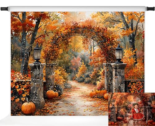 Kate Autumn Stone Arch Backdrops Pumpkin Photo Backdrop Fall Leaves Scenery Photography Backdrops for Seasonal Party Photo Studio Props, 7x5ft - size: 7x5ft