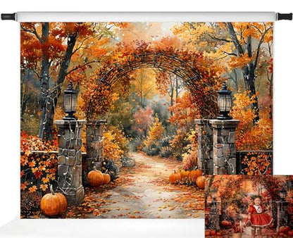 Kate Autumn Stone Arch Backdrops Pumpkin Photo Backdrop Fall Leaves Scenery Photography Backdrops for Seasonal Party Photo Studio Props, 7x5ft - size: 7x5ft