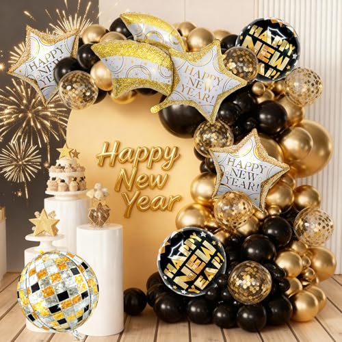 Biapian New Year Eve Balloons, 6 Pcs Huge Black and Gold Happy New Years Foil Balloons with 22 Inch Shiny Disco Ball NYE Balloon 18 Inch Round Star Balloon for 2026 New Year Party Decorations Supplies - style: New Year
