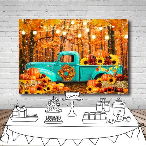 10x8 FT Fall Forest Blue Truck Backdrop Autumn Forest Pumpkin Maple Leaf Sunflower Harvest Theme Photography Background Thanksgiving Party Decorations Banner Portrait Photo Studio Props, Clear - size: 10x8 FT