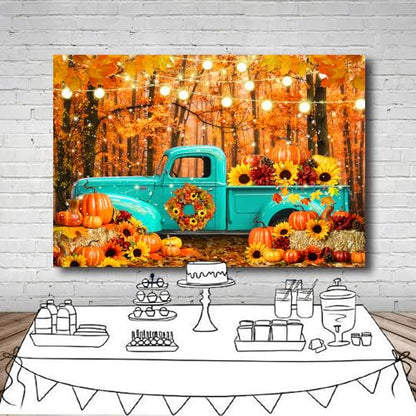 10x8 FT Fall Forest Blue Truck Backdrop Autumn Forest Pumpkin Maple Leaf Sunflower Harvest Theme Photography Background Thanksgiving Party Decorations Banner Portrait Photo Studio Props, Clear - size: 10x8 FT