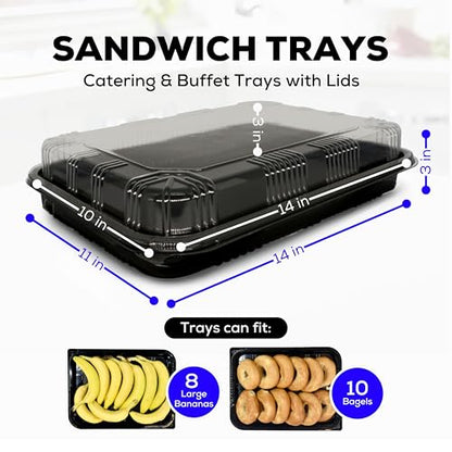 10 Pack Catering Trays with Lids – 15" Serving Tray with Lid, Heavy Duty Recyclable Plastic Party Platters for Catering, Buffet, Picnics & Events – Food Tray with Clear Lid (15.35 × 11.42 × 2.95 inch) - size: 10 Pack - 15 X 11in