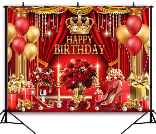 Red and Gold Birthday Backdrop for Happy Birthday Party Decorations, Luxury Red Curtains Classic Red Gold Chair King Throne Photography Background, Elegant Party Banner for Girls 7x5ft - size: 7x5ft