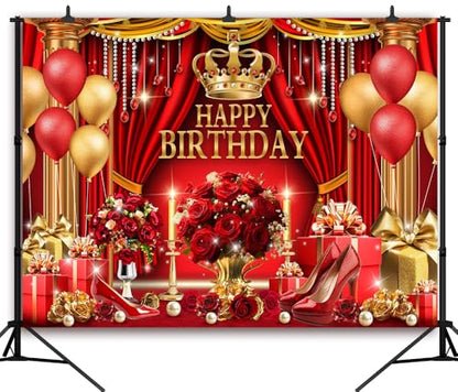 Red and Gold Birthday Backdrop for Happy Birthday Party Decorations, Luxury Red Curtains Classic Red Gold Chair King Throne Photography Background, Elegant Party Banner for Girls 5x3ft - size: 5x3FT