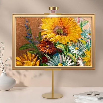 Adjustable Desktop Photo Frame Stand with Magnetic Wall Painting Light, Holds Picture Frames up to 30 Inch,with Rechargeable Battery,Metal Vertical Stand with 3 Color Temperature & 13RGB Poster Lights, for Displaying Picture Frames, Artworks (1 Pack,Gold)