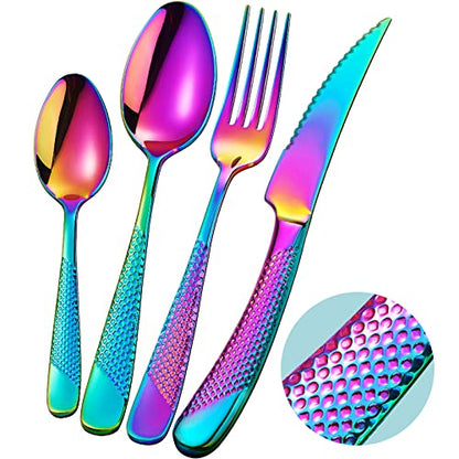 16-Piece Modern Hammered Rainbow Silverware Set with Ultra Sharp 2-IN-1 Serrated Knife, 18/10 Stainless Steel Iridescent Flatware Set Service for 4, Luxury Cutlery Set, Forks Spoons Knives Set - color: Rainbow