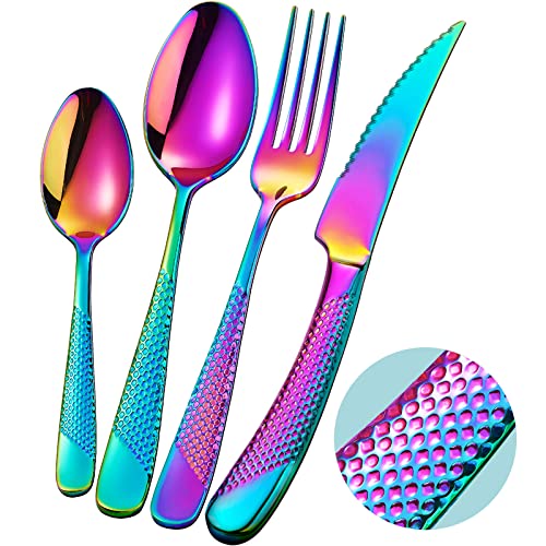 16-Piece Modern Hammered Rainbow Silverware Set with Ultra Sharp 2-IN-1 Serrated Knife, 18/10 Stainless Steel Iridescent Flatware Set Service for 4, Luxury Cutlery Set, Forks Spoons Knives Set - color: Rainbow