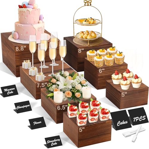 Qinzave 7 Pack Wooden Risers Display Stands with Acrylic Maker Pen and Mini Sign, Food Risers for Buffet Table Shelf Display Stand for Party Catering Dessert Cupcake Jewelry - size: 8.8" 8" 7" 6.5" 6" 5" 5"