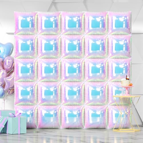 NISOCY 25PCS Iridescent Square Foil Balloons Wall Backdrop Holographic Balloons Tunnel Garland Arch Kit for Birthday Wedding Graduation Bridal Baby Shower New Year Rainbow Party Decorations - color: Z02 - Iridescent, size: 25PCS