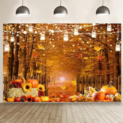 Fall Thanksgiving Backdrop for Photography 10x8ft Autumn Forest Maple Leaves Pumpkin Wood Fence Haystack Photo Backdrop Farm Harvest Thanksgiving Party Background Decor Kids Adult Photo Props