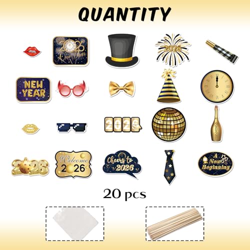 20 Pcs 2026 Happy New Year Photo Booth Props Kit, New Year Themed Party Selfie Decorations, Winter Festival Christmas Party Photography Supplies