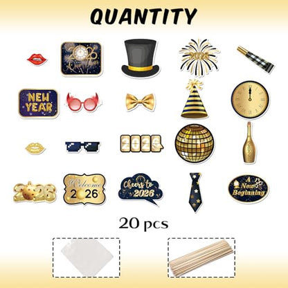20 Pcs 2026 Happy New Year Photo Booth Props Kit, New Year Themed Party Selfie Decorations, Winter Festival Christmas Party Photography Supplies