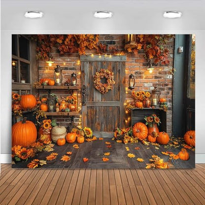 Mocsicka Fall Thanksgiving Photography Backdrop Autumn Pumpkin Harvest Barn Background Fall Maple Leaves Rustic Wooden Garland Pumpkin Party Banner Decorations Photoshoot Studio (12x10ft) - size: 12x10ft