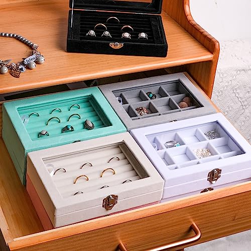 Frebeauty Rings/Earring Organizer Tray with Clear Lid,7 Slots Ring Box Velvet Ring Holder Drawer Insert Jewelry Storage Box Jewelry Display Case Jewelry Box Gift for Women and Girls(Beige,7 Slots) - color: Beige, size: 7 Slots