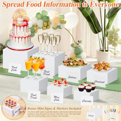 7Pcs White Acrylic Buffet Risers with Mini Sign and Marker, Food Display Risers for Party Catering Dessert Jewelry Collectibles,Acrylic Cube Nesting Boxes with Hollow Bottoms(8" 7.5" 7" 6.8" 6" 5" 5") - size: 8" 7.5" 7" 6.8" 6" 5" 5"