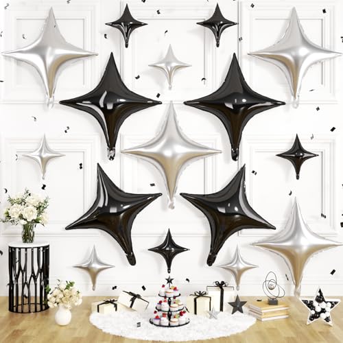 Black Silver Star Balloons, 16 PCS Black Four Angle Star Foil Balloons, 26 Inch and 10 Inch Silver Stars Shaped Balloon for Graduation Birthday Baby Shower Retirement New Year Party Decorations - color: Black Silver