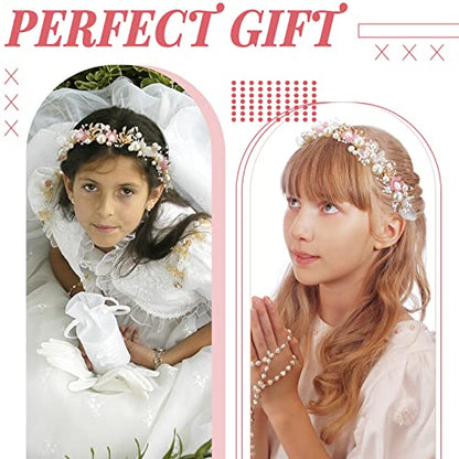 Retrowavy 2 Pcs Flower Girl Headpiece, Flower Girl Hair Accessories Rhinestone Crystal Princess Pearl Headband Bridal Hair Headband for Wedding First Communion(Pink) - color: Pink