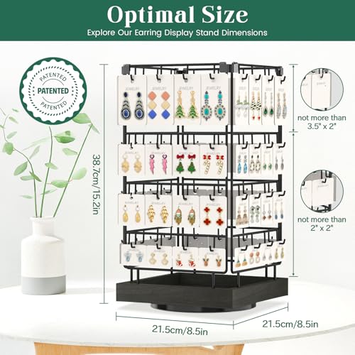 EsLuker.ly Rotating Earring Display Holder Stand for Vendors Events Selling, Large Capacity 64 Hooks Jewelry Rack with Wooden Base for Earring Card Sales, Enhances Retail Visibility - color: Black+Black