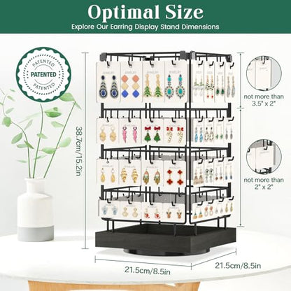 EsLuker.ly Rotating Earring Display Holder Stand for Vendors Events Selling, Large Capacity 64 Hooks Jewelry Rack with Wooden Base for Earring Card Sales, Enhances Retail Visibility - color: Black+Black