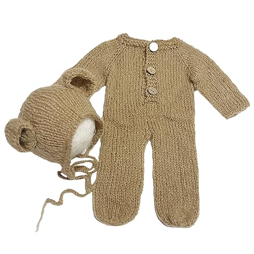 2Pcs Newborn Photography Props Boy Photo Posing Outfits Baby Photoshoots Girl Crochet Bear Hat Romper - color: Khaki