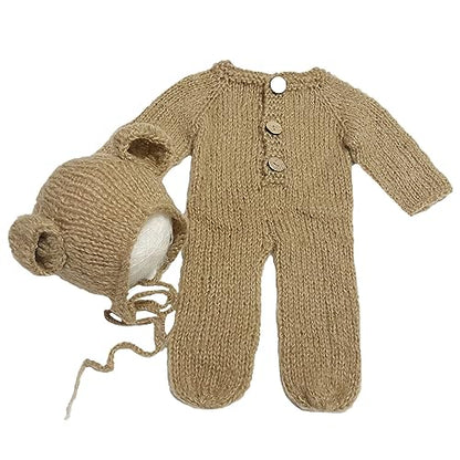 2Pcs Newborn Photography Props Boy Photo Posing Outfits Baby Photoshoots Girl Crochet Bear Hat Romper - color: Khaki