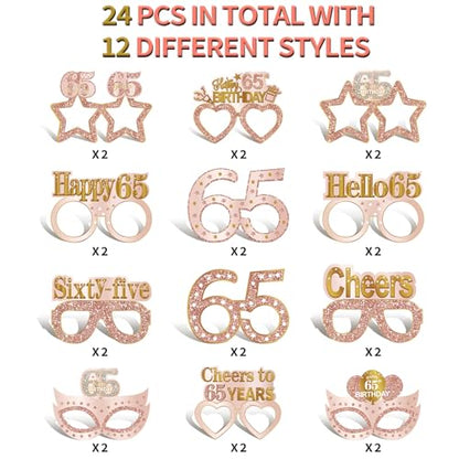 Guiruiy 24PCS 65th Birthday Eyeglasses Decorations for Women, Pink Rose Gold Happy 65th Birthday Paper Eyeglasses Party Supplies, Sixty-Five Year Old Bday Glasses Decor - style: Rose Gold 65th