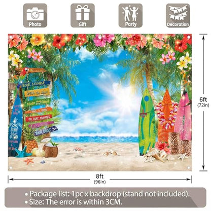8x6ft Summer Hawaiian Beach Photography Backdrop Tropical Flower Palm Leaves Surfboard Background for Luau Aloha Party Decoration Banner Photo Booth - size: 8x6ft