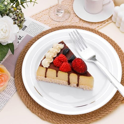 BESTSTAR 7 Inch White Plastic Plates,100PCS Disposable Dessert/Appetizer/Small Cake Plates with Silver Rim,Heavy Duty Plate Ideal for Wedding and Birthday - color: White Silver, size: 7 inch