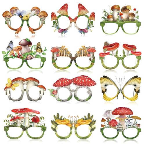 Pajean 36 Pcs Enchanted Forest Party Decorations Mushroom Themed Eyeglasses Wild Mushrooms Paper Glasses Photo Booth Props Frame Favors for Woodland Shower Birthday Party Decor Supplies - style: Mushroom