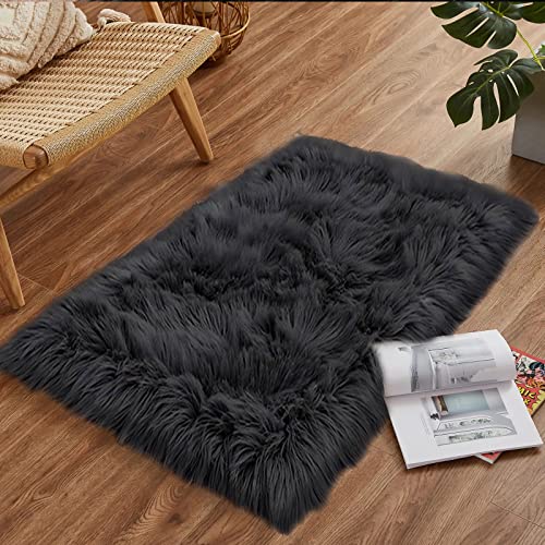Goolela Black Fluffy Faux Fur Rug 2x3 Black Fuzzy Furry Sheepskin Rug Small Carpet for Bedroom Dorm Bathroom Washable Rectangle - color: Black, size: 2' x 3' (Rectangular)