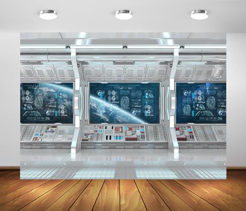 BELECO 8x6ft Fabric Spaceship Backdrop Futuristic Science Fiction Spacecraft Cabin, Universe Outer Space Earth Planet Background Space Station Party Decorations Photo Booth Shoot Studio Props - size: 8x6FT