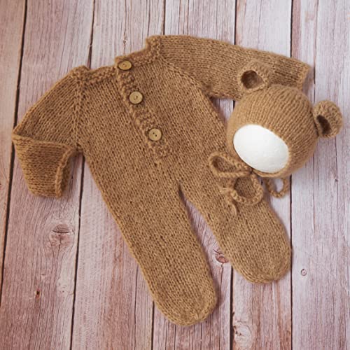Coberllus Newborn Photography Props Outfits Mohair Bear Hat & Footed Romper for Baby Photo Props Newborn Photo Shoot Props - color: Dark Khaki