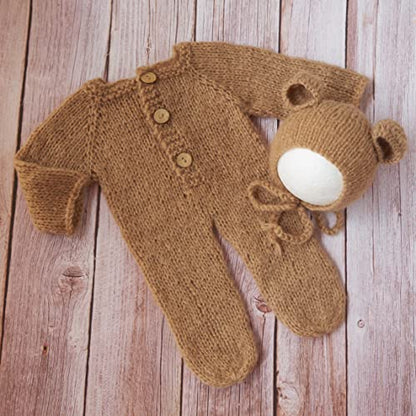 Coberllus Newborn Photography Props Outfits Mohair Bear Hat & Footed Romper for Baby Photo Props Newborn Photo Shoot Props - color: Dark Khaki