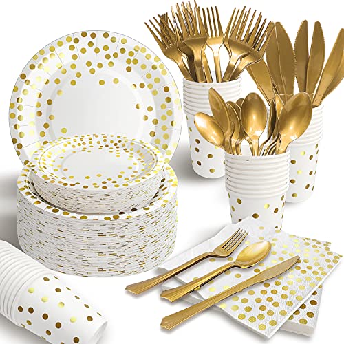 AIRE 350PCS White and Gold Paper Plates Party Supplies for 50 Guests Disposable Party Decorations Dinnerware Gold Paper Plates Napkins Cups Gold Plastic Forks Knives Spoons for Wedding Birthday - color: 350PCS White and Gold