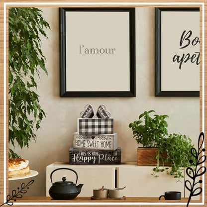 Moucuny 4 Pcs Farmhouse Kitchen Decor Black and White Farmhouse Tiered Tray Decor Home Sweet Home Centerpiece Wooden Heart Rustic Valentines Day Block Sign for Kitchen Shelf Valentines Gift Decoration - style: Black and White Heart