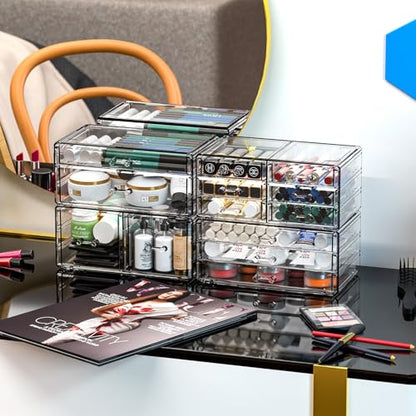 Cq acrylic 4 Pack Clear Acrylic Drawer Organizer Countertop,Stackable 13 Drawers Makeup Storage, Cube Make up Organizer for dresser Hair Clip,Beauty Product Desk and Bathroom Organizers and Storage - size: Large 13 Drawers