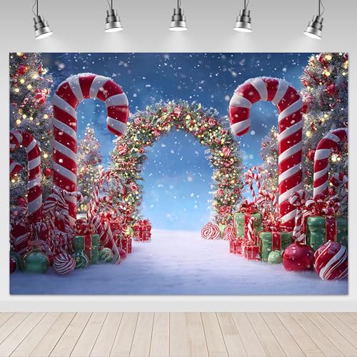 Mocsicka Christmas Candy Cane Photography Backdrop Winter Candyland Christmas Eve Party Decorations Background Christmas Tree Garland Photo Prop Supplies (6x4ft) - size: 6x4ft