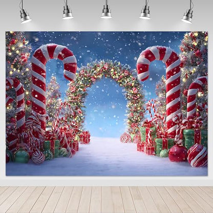 Mocsicka Christmas Candy Cane Photography Backdrop Winter Candyland Christmas Eve Party Decorations Background Christmas Tree Garland Photo Prop Supplies (8x6ft) - size: 8x6ft