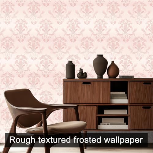 HOMETITUTE Wallpaper Peel and Stick Soft Pink Classic Damask Contact Paper Wall Paper Stick 17.7" x 118.1" Self Adhesive Removable Vinyl Wall Covering Bedroom Kitchen Bathroom Home Decor - color: Pink Classic Damask