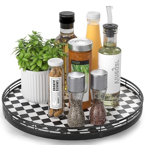 Black and White Kitchen Lazy Susan Turntable – Checkered Round Decorative Tray, 13” Table Top Oak Wood Lazy Susan for Cookies, Dining Table Organizer, Small Kitchen Table Centerpiece - color: Black & White, size: 13 inches