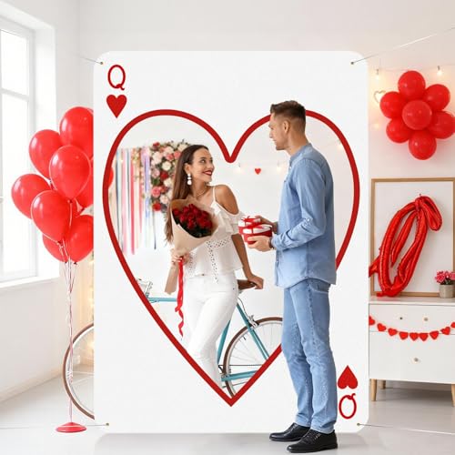 Aurelema 2m Large Valentine's Day Photo Booth Props Party Decoration Stand Poker Player Cards Backdrop Red Heart Cutout Valentine's Day Background for Photoshoot Wedding Birthday Bridal Shower